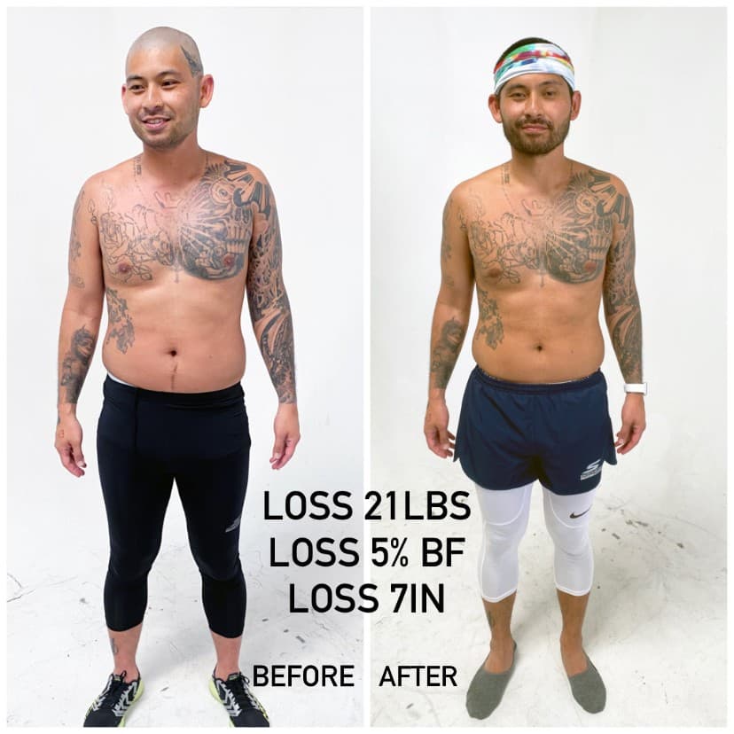 Off The Grid Fit member before and after — lost 21 lbs and 5% body fat.